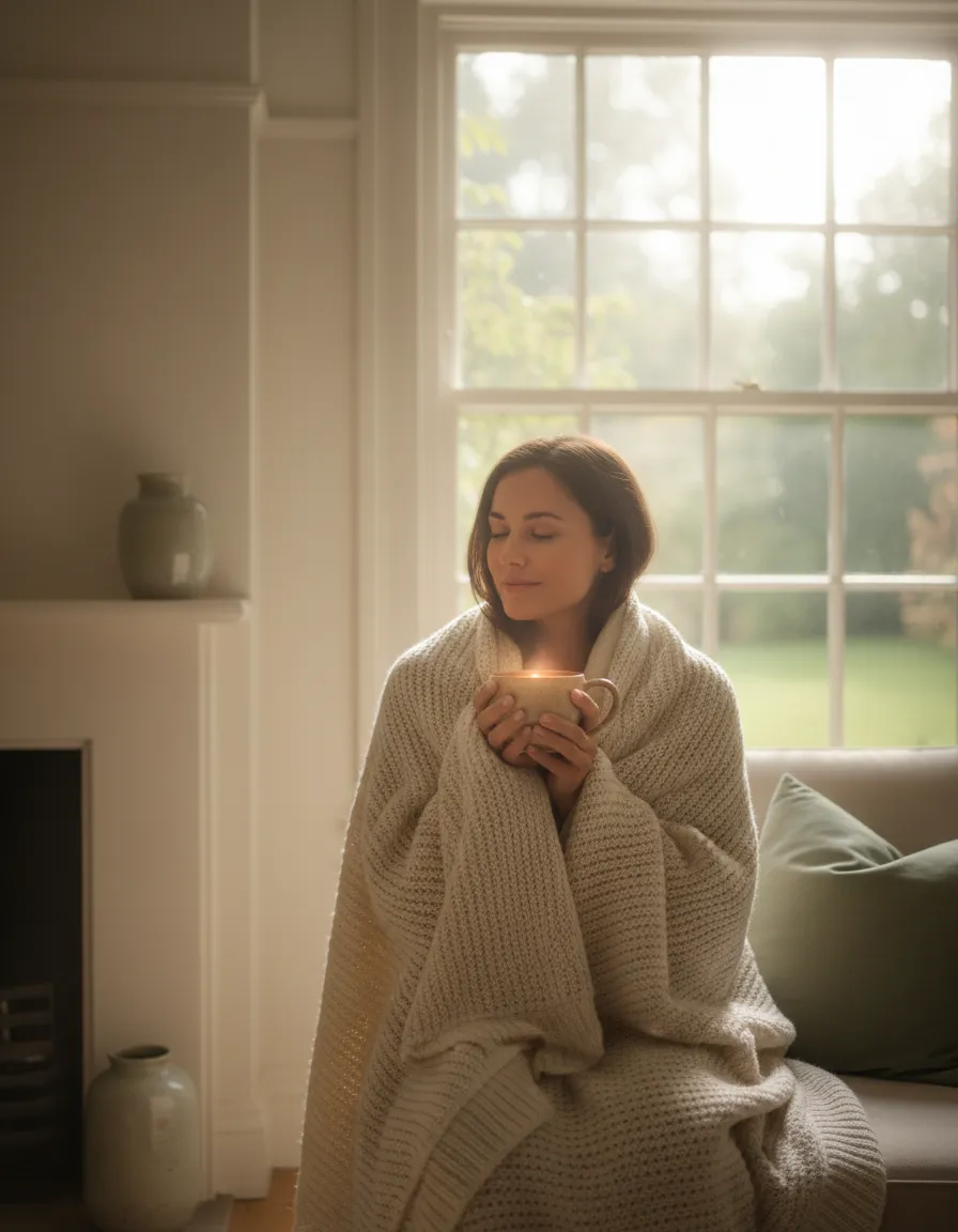 A woman resting peacefully, embodying the gentle safety of an ethereal energy healing journey