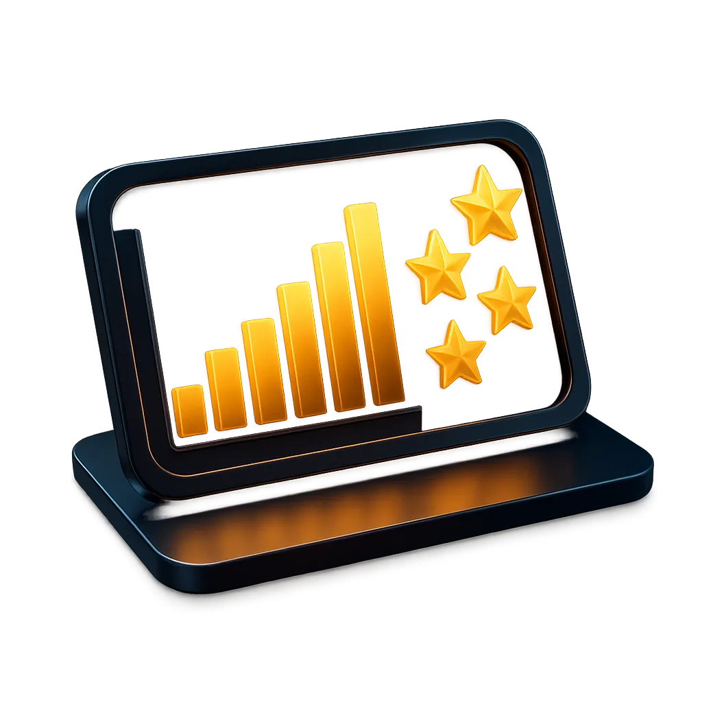 Professional local business owner examining a high-tech review growth dashboard overlay with upward trending metrics