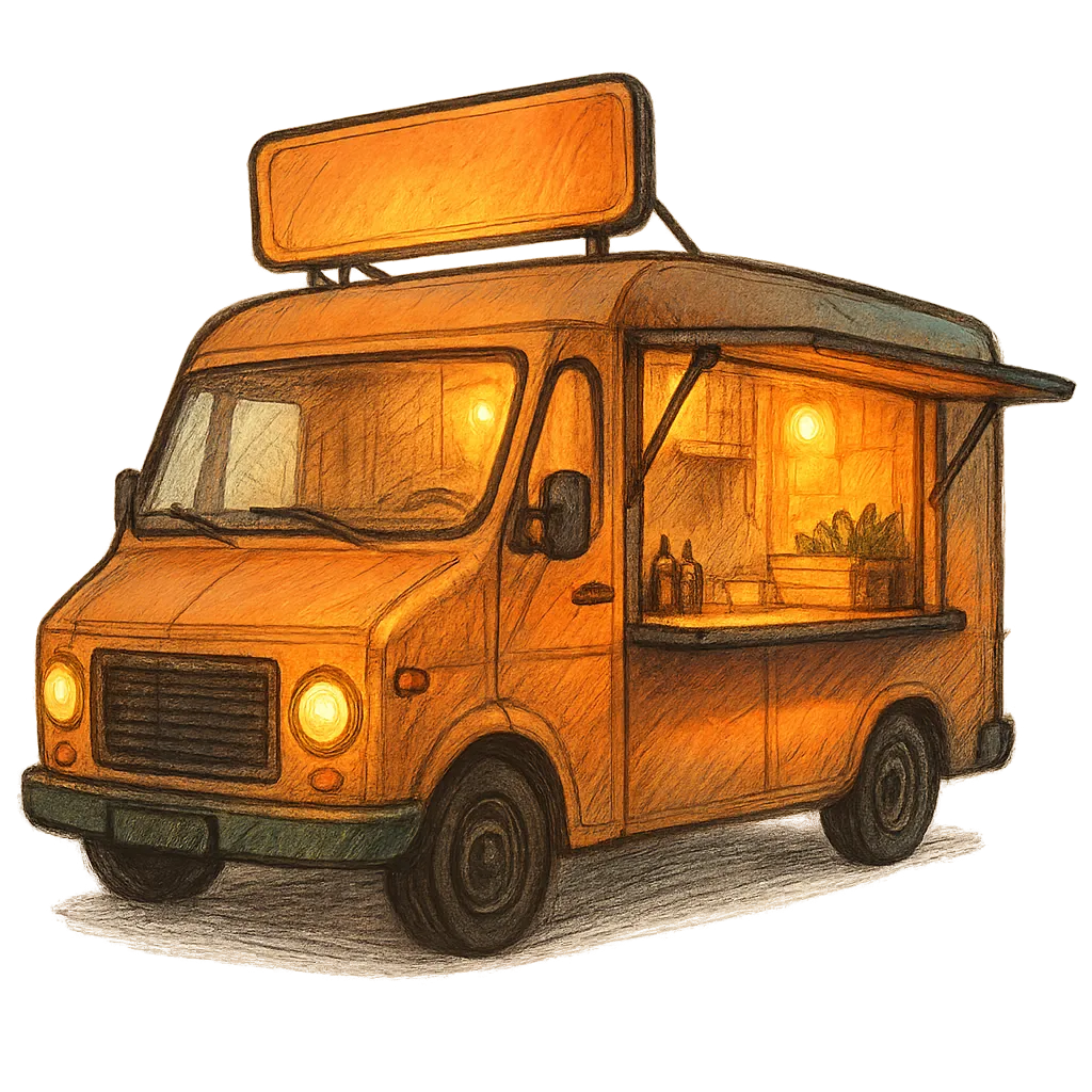 A vibrant, hand-drawn digital illustration of a premium food truck, stylized sketch with warm inviting lighting, subtle grid-line textures, no text, transparent background, PNG cutout.