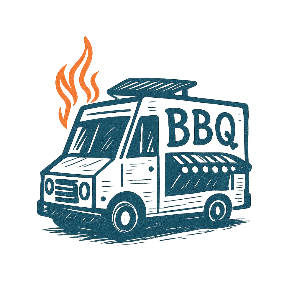Illustrated sketch logo of a BBQ food truck