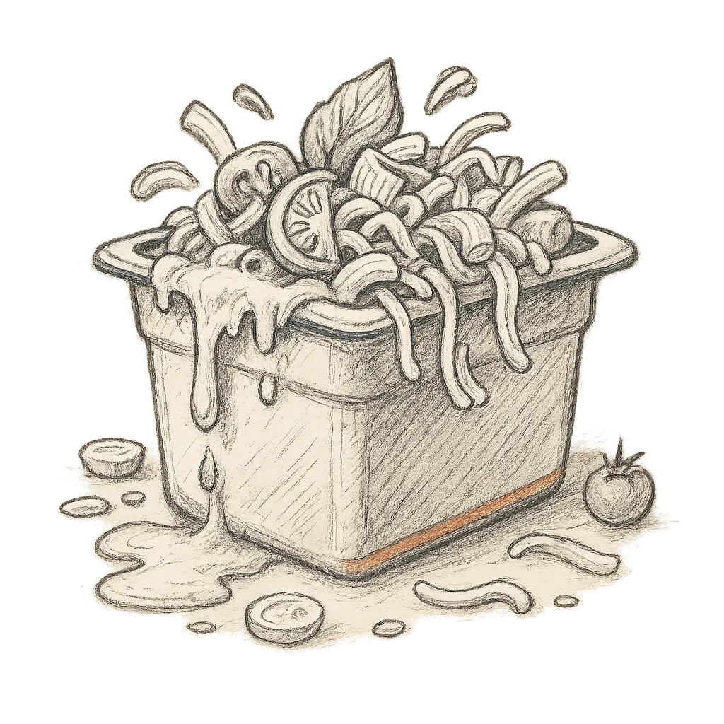 Hand-drawn sketch illustration of an overflowing prep container or trash can, symbolizing wasted time and food