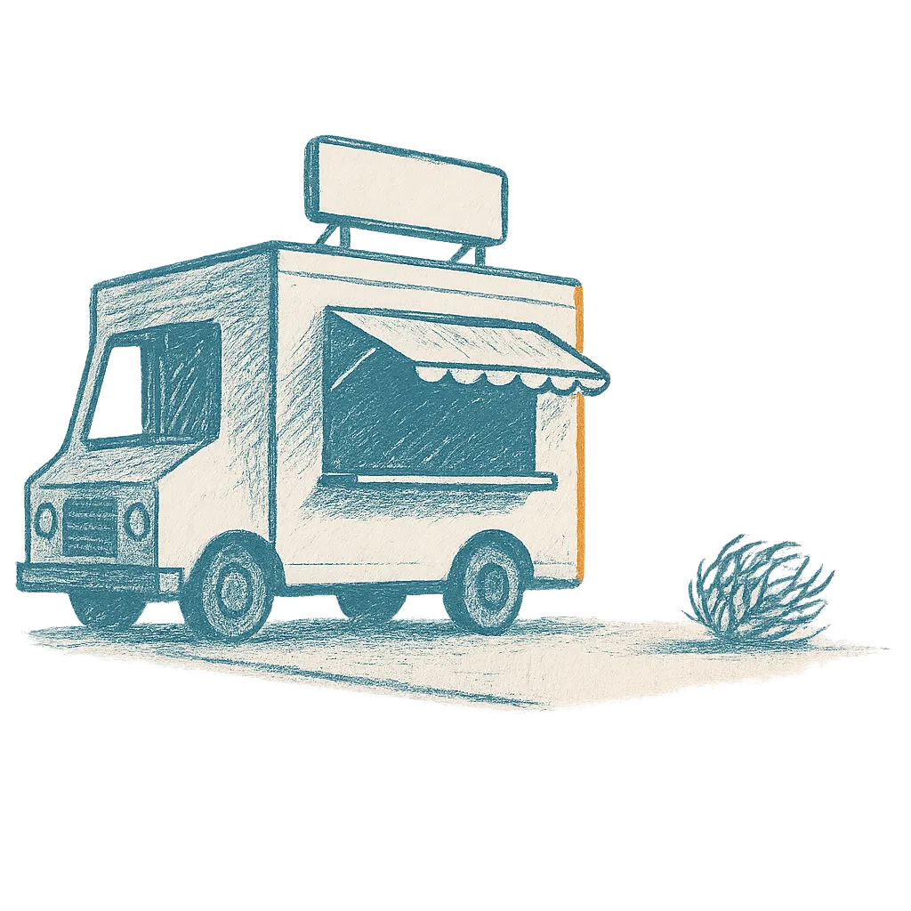Hand-drawn sketch illustration of an isolated food truck parked in an empty lot, representing bad locations