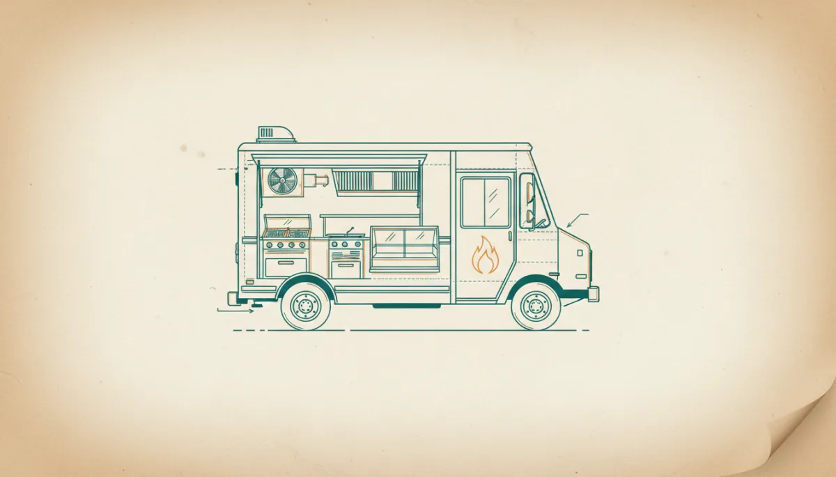 Food truck technical blueprint illustration