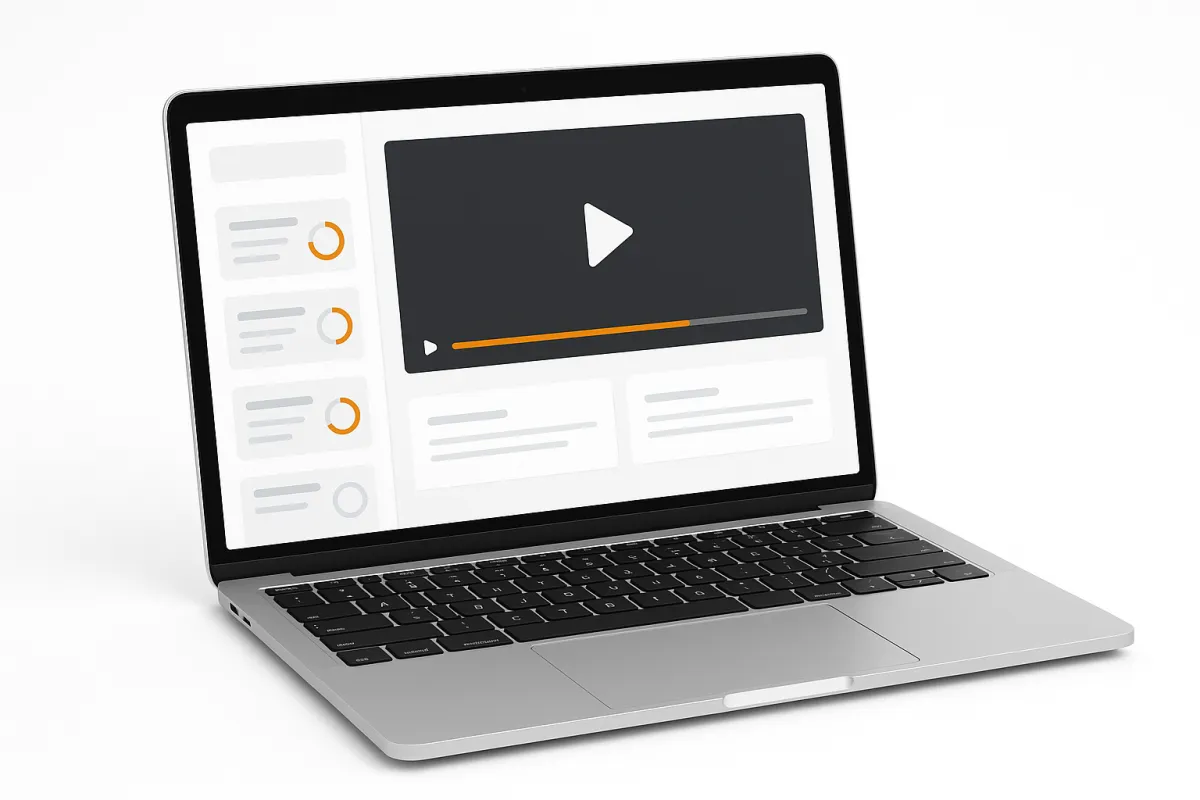 Mockup de plataforma con dashboard, reproductor de video, barra de progreso naranja y módulos en sidebar.