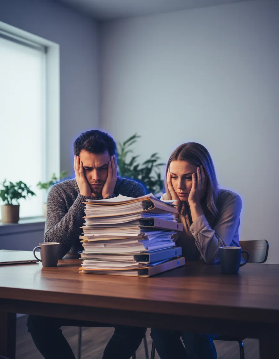 Stressed person looking at complex insurance paperwork