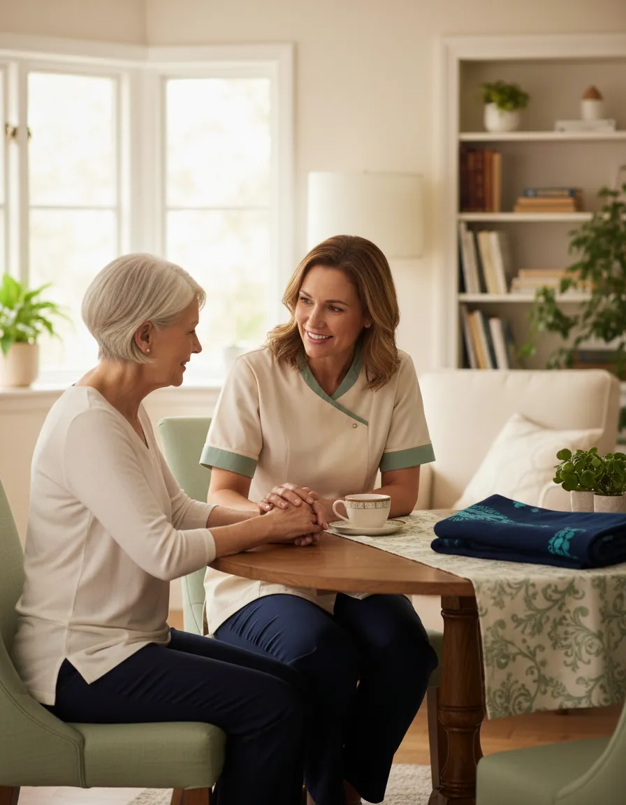 Caregiver smiling and assisting senior
