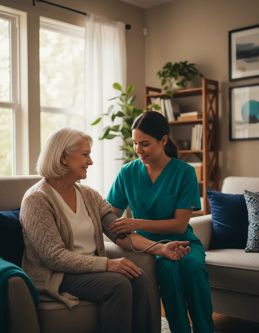 Compassionate skilled nursing caregiver assisting a senior patient at home