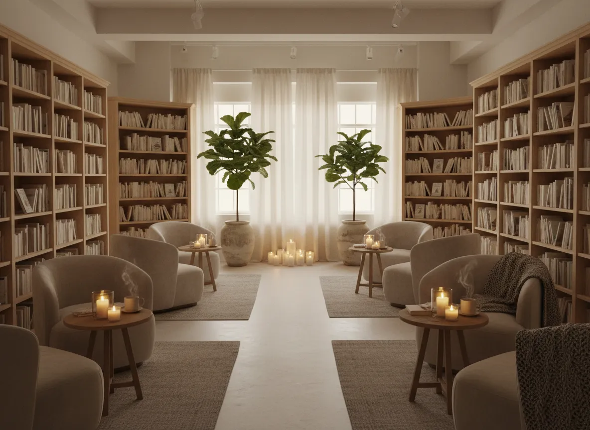 Softly lit bookstore interior with cozy reading chairs and bookshelves