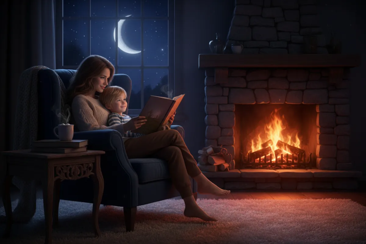 Mother reading 'Garments of Glory' to her child beside an open fire on a blue velvet armchair; blue roses on an old wooden coffee table and a window showing stars and a moon.