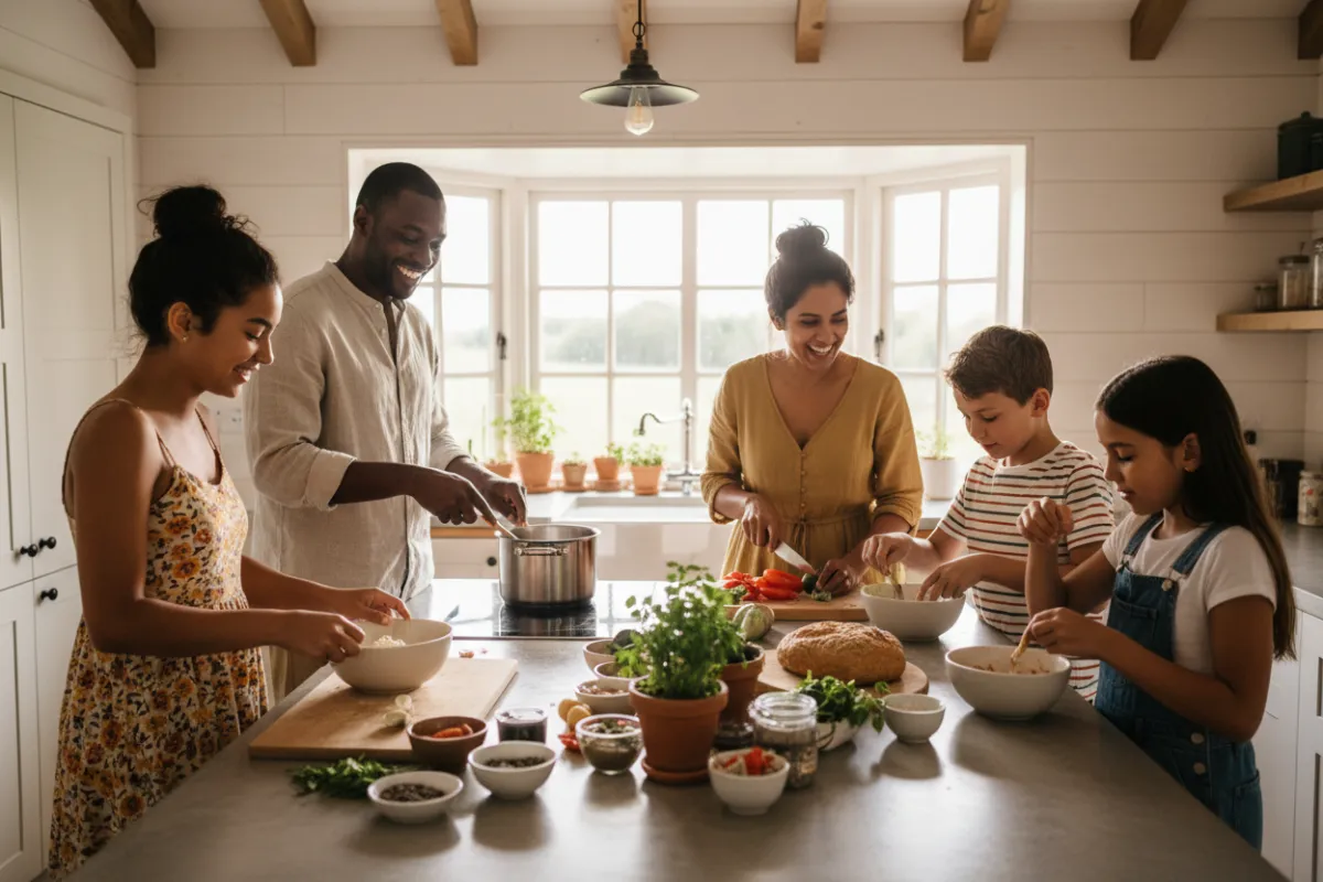 Modern casually dressed family cooking together in a bright contemporary kitchen, relaxed atmosphere