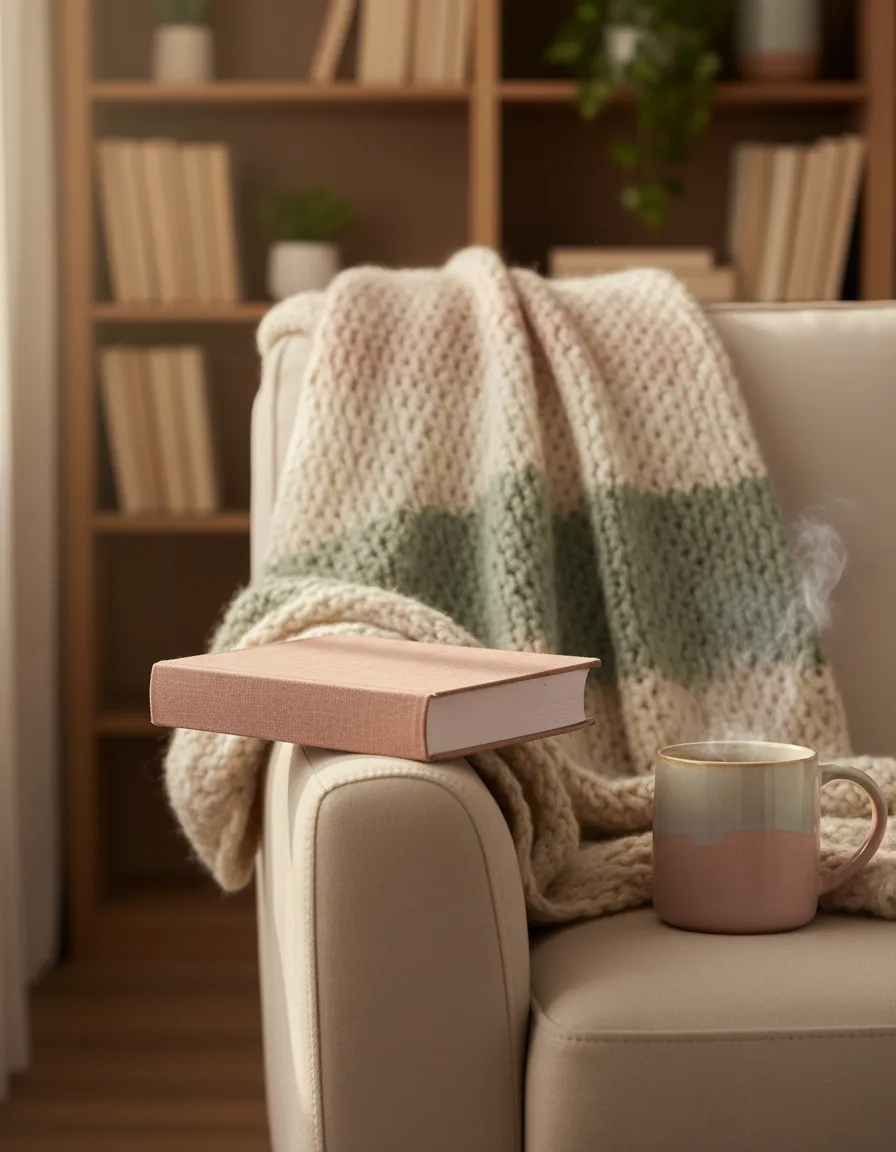 Featured monthly book pick displayed on a cozy reading chair