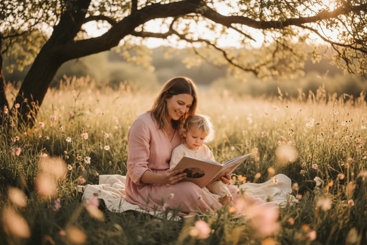 Female parent reading with child in a calm outdoor setting among trees and soft natural light, warm palette, photorealistic