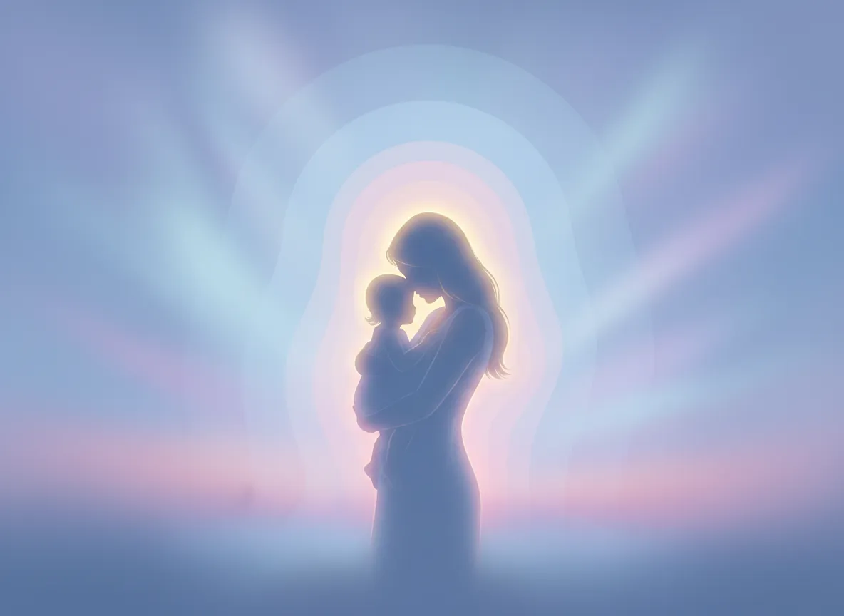 Mother holding child bathed in blue and rose-toned light