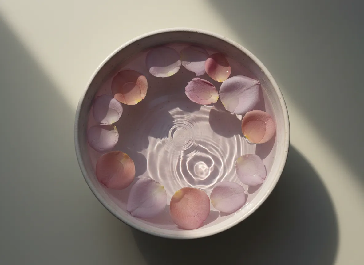 Rose petals floating in water symbolizing healing and softness