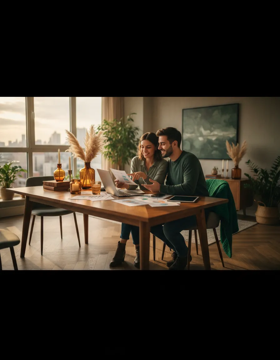 A young couple looking at paperwork in warm lighting