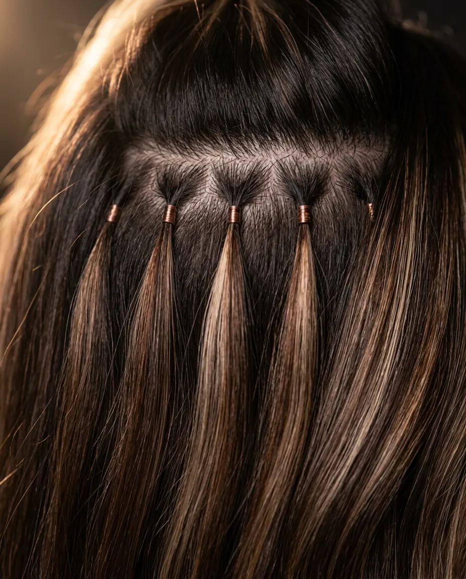Editorial close-up of luxurious high-luster hair extensions with flawless texture and seamless micro-bonds