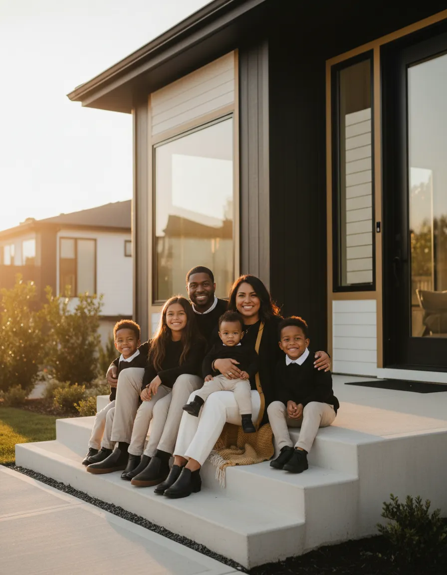 Family relaxing happily in front of their modern home, knowing they are protected by TK Financial Wealth