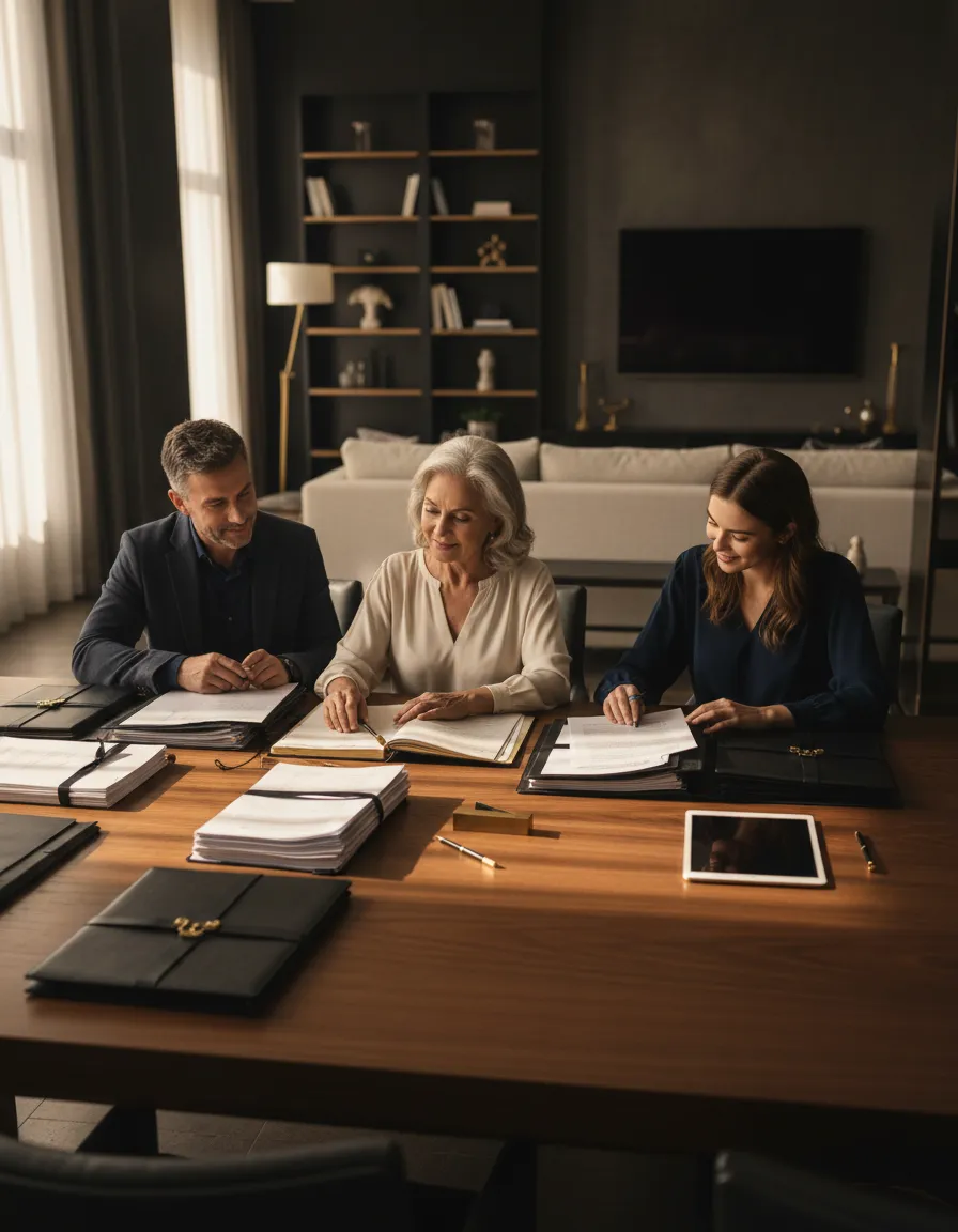 Family reviewing organized financial and personal documents together