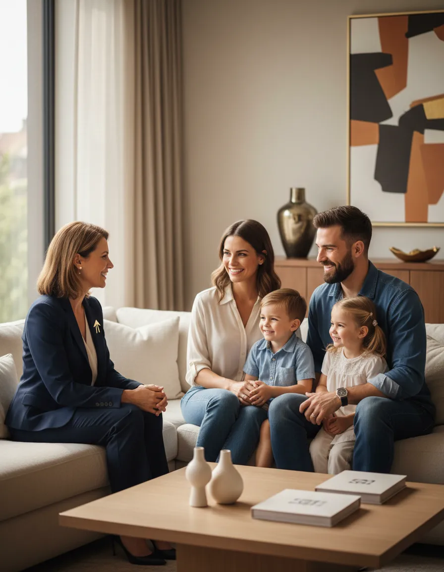 A caring financial advisor speaking with a young family about their future