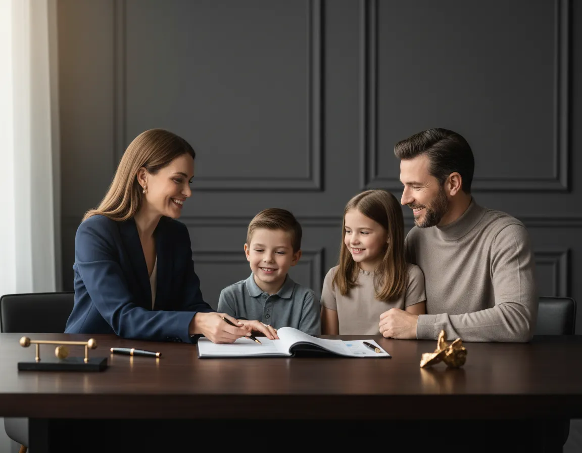 Professional financial advisor meeting with a family to discuss wealth protection and planning.