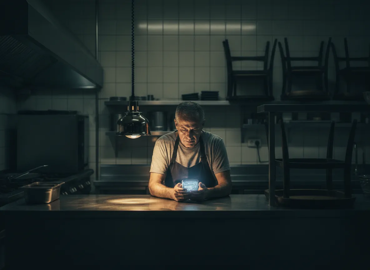 Desaturated shot of a tired restaurant owner reviewing a digital terminal late at night