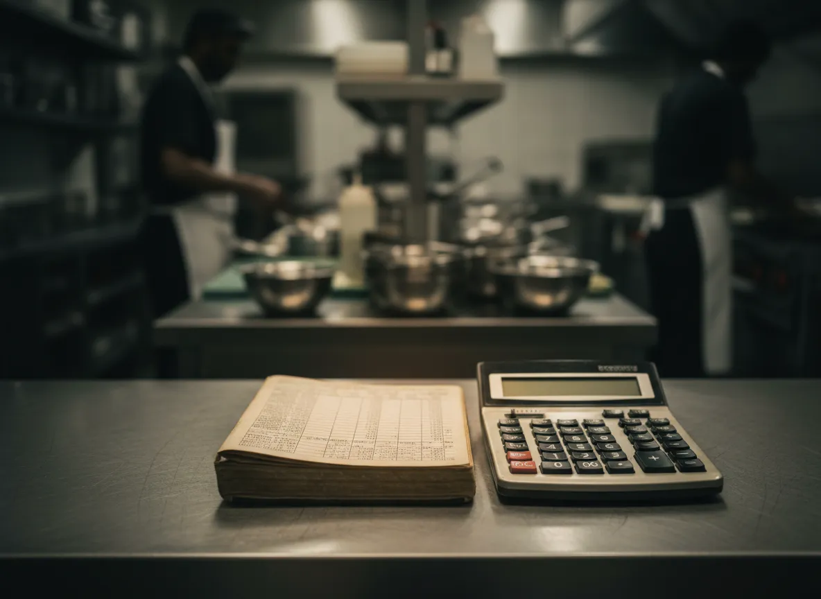 Desaturated operational shot of a kitchen prep line with a financial ledger overlay