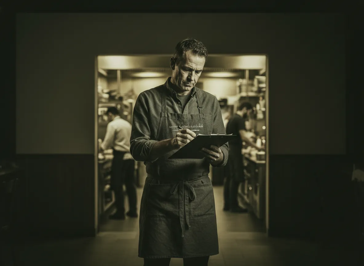Desaturated shot of an owner crossing out underperforming items on a clipboard