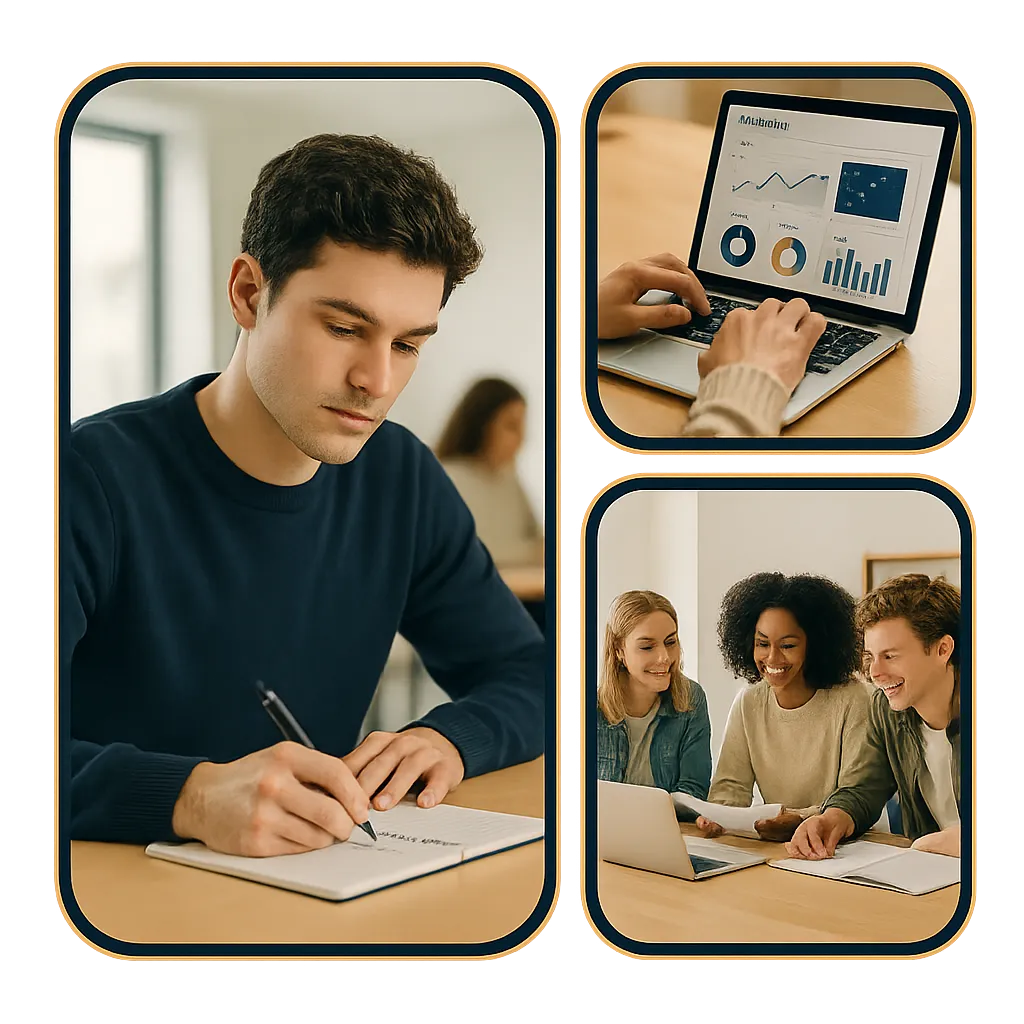 Three-panel composite showcase of GIMT digital marketing students learning in modern classrooms, building live marketing campaigns on laptops, and evaluating real-time performance analytics data.