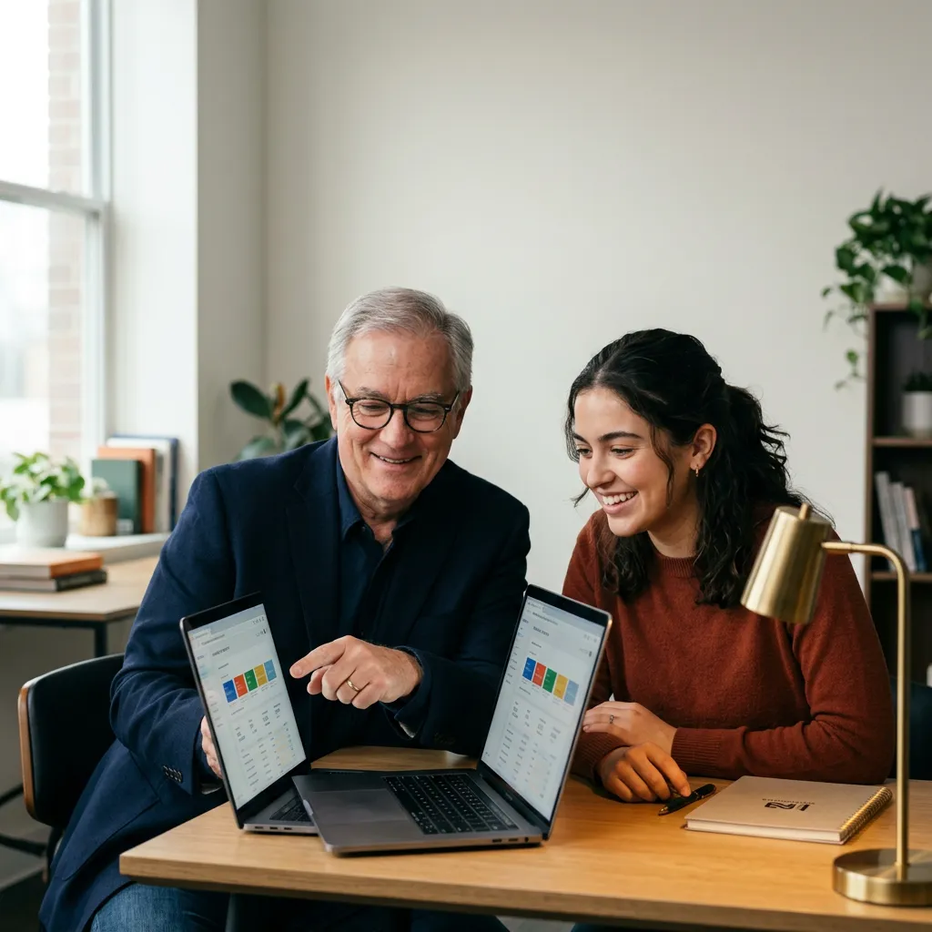 Senior mentor guiding an online digital marketing student through a 1-on-1 personalized review session on a laptop screen