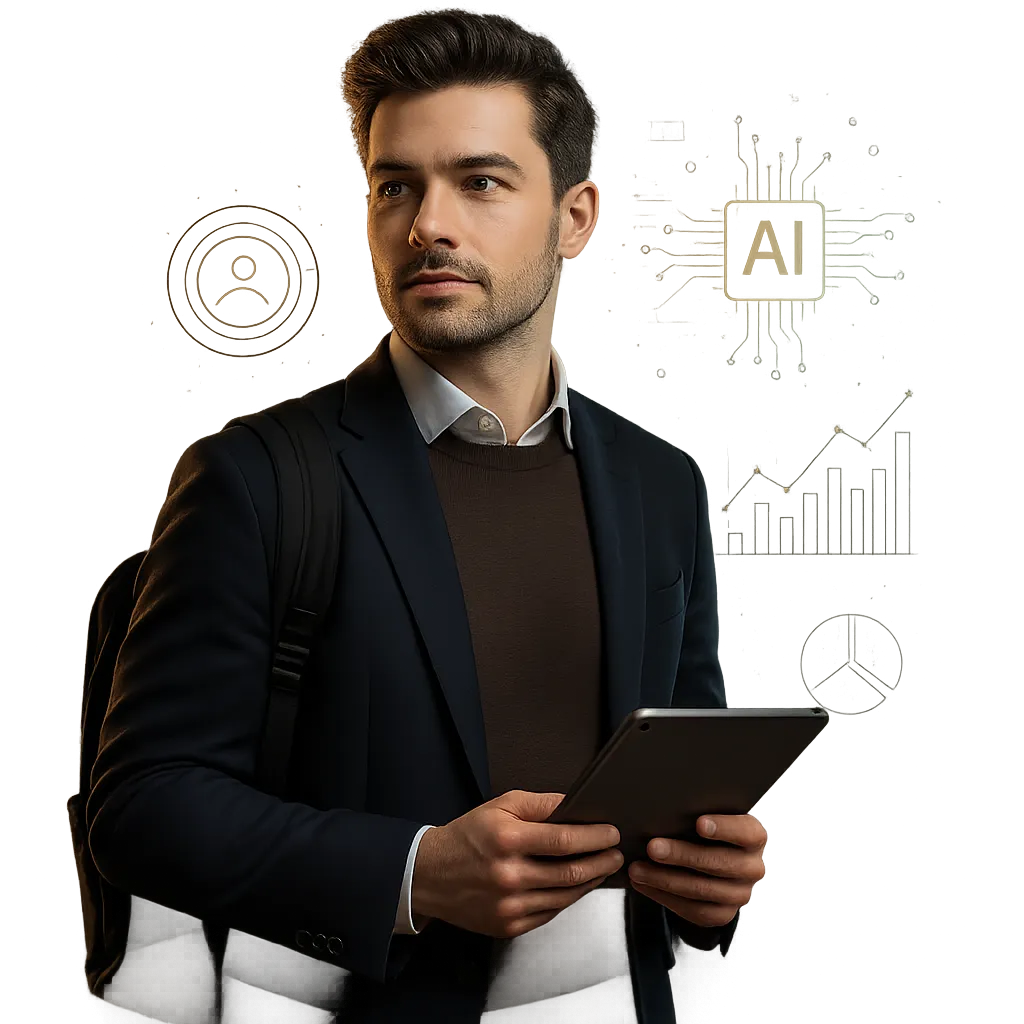Student engaging with AI-powered digital marketing analytics holographic data