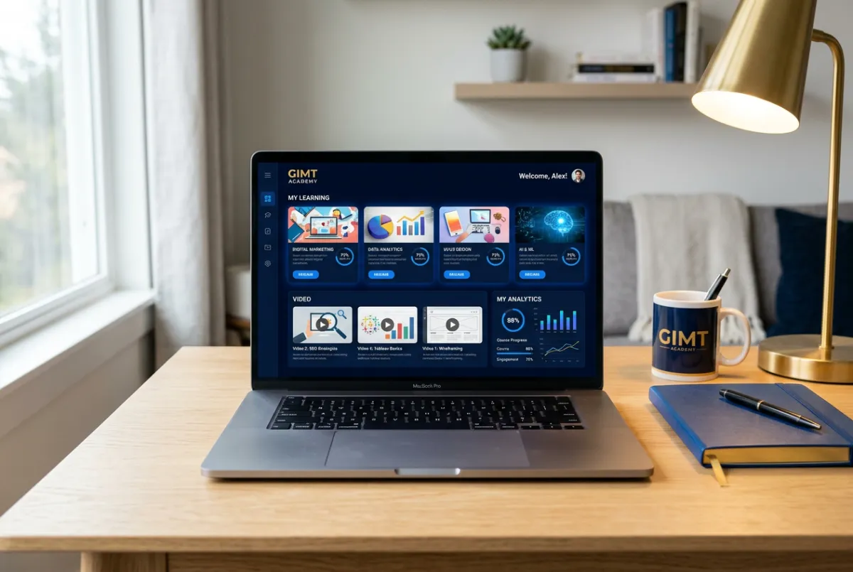 Modern GIMT LMS Dashboard interface running on a laptop showing course modules, video lectures, and live progress analytics
