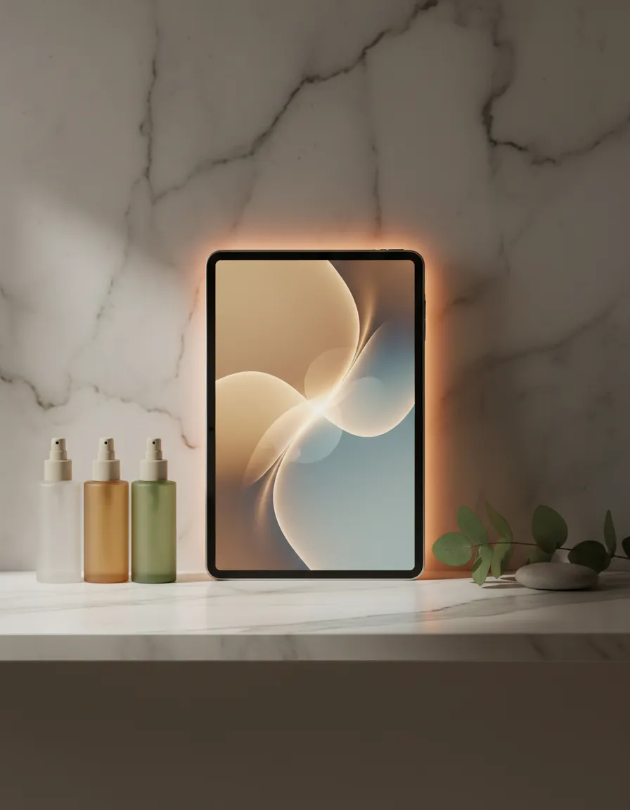 Sleek tablet displaying B&B Shop AI interface on a spa counter next to premium products
