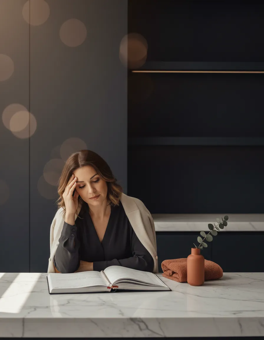 Stressed but elegant salon owner looking at a ledger, illuminated by soft natural light
