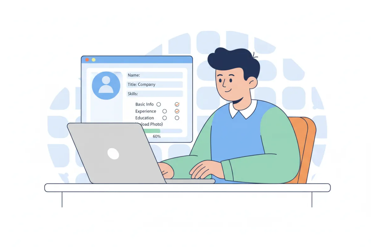 Illustration: person creating an online profile, avatar, checklist/progress bar