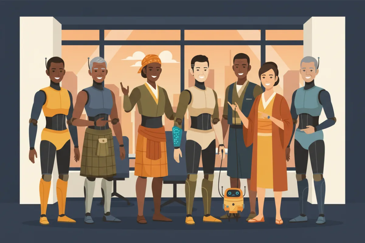 Group portrait of multicultural AI bots representing diverse AI employees