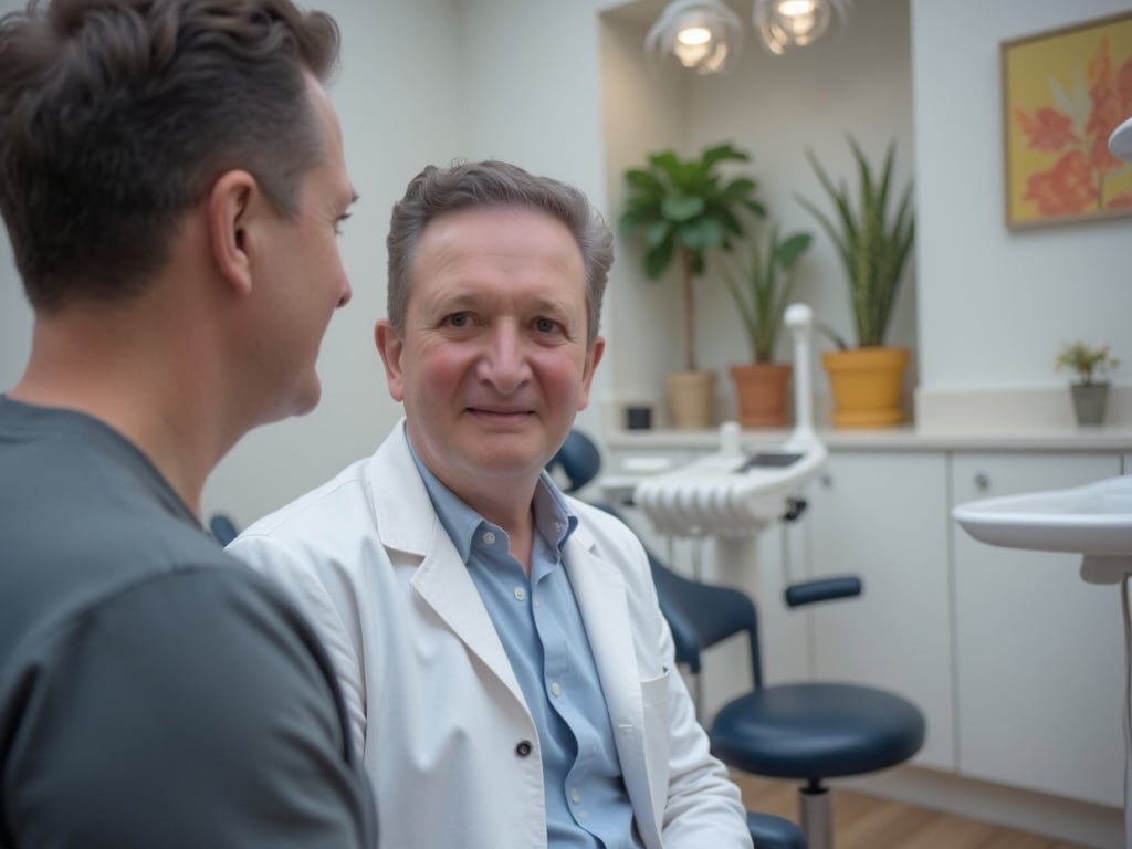 Dentists looking at a model in clinic