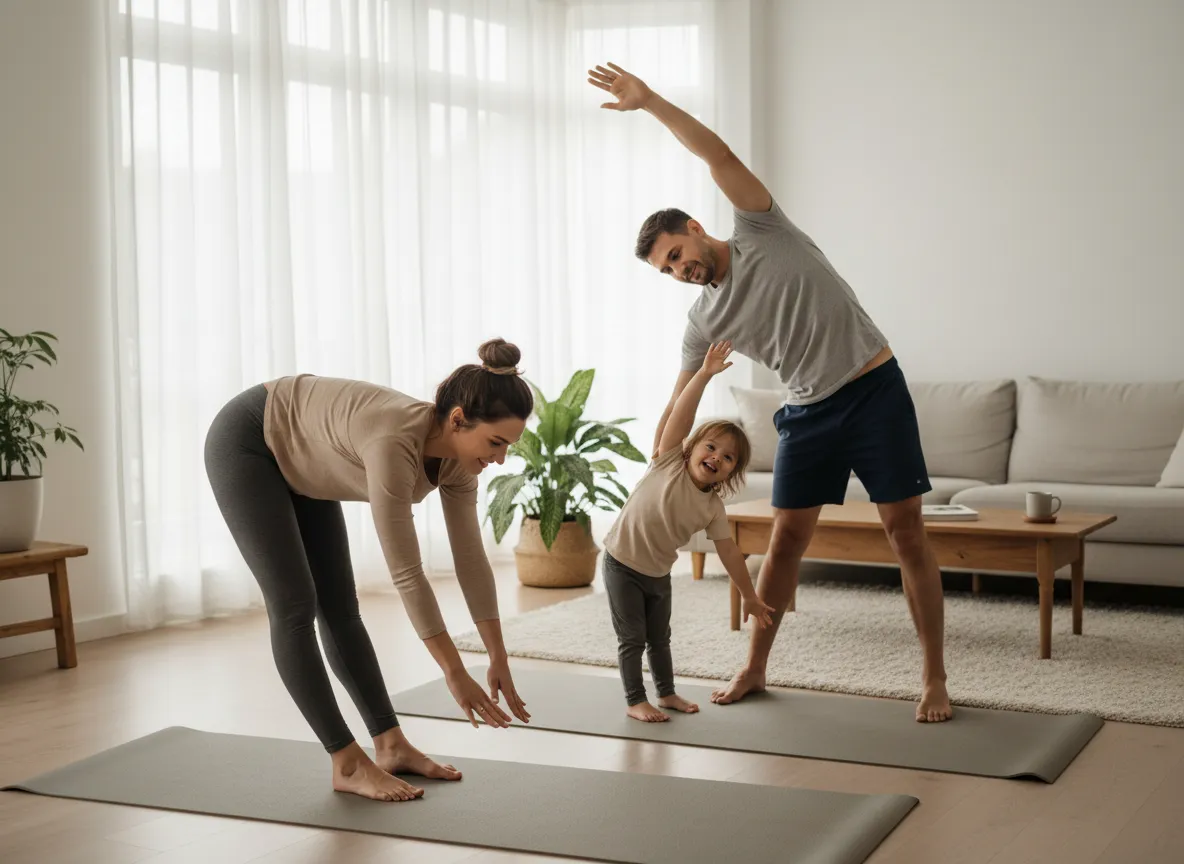 Family stretching together in the living room
