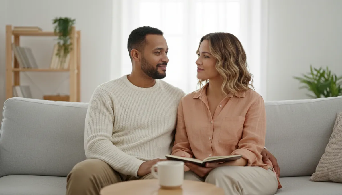Warm, modern photo of a couple in conversation at a small group workshop