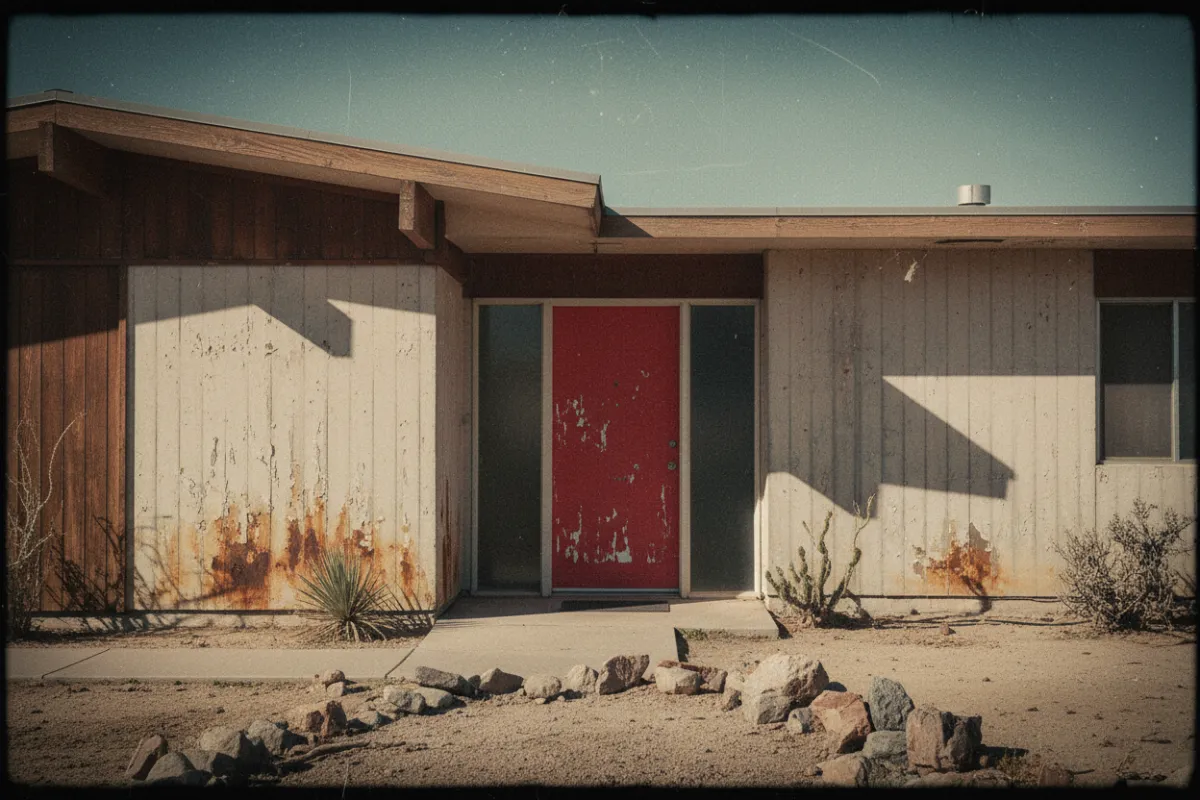 Grunge-style, retro-toned photo of a mid-century modern home exterior with distressed textures, bold sunlight, and a vibrant red door. The image has a 3:2 aspect ratio, with a subtle overlay of grain and faded edges for a nostalgic, artistic effect. No people are present; the focus is on the unique architecture and color palette.