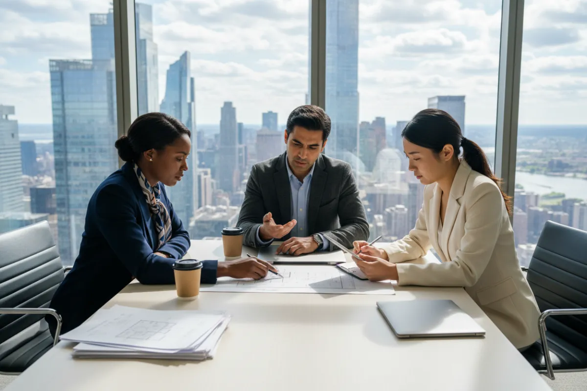 A team of three property experts, two women and one man, review documents at a modern office table. The group is multi-ethnic, dressed professionally, and engaged in a focused discussion. Large windows reveal a cityscape, and the atmosphere is collaborative and reassuring.
