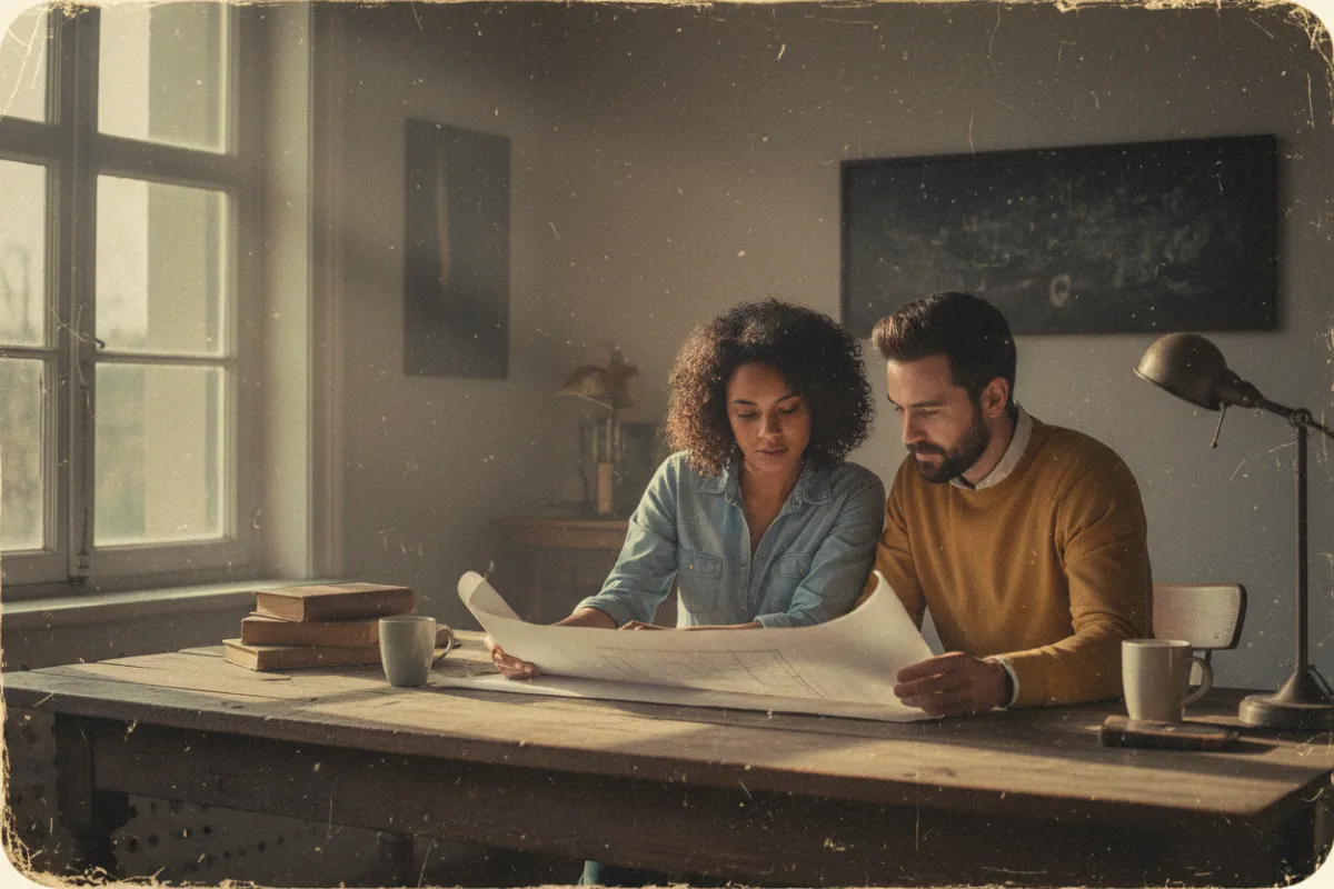 Distressed, retro-style image of a diverse couple reviewing a home blueprint at a rustic wooden table, sunlight streaming through a window. The 3:2 aspect ratio photo features visible grain, faded corners, and a pop of blue and yellow in their clothing. The setting is cozy and inviting, with a subtle grunge overlay.