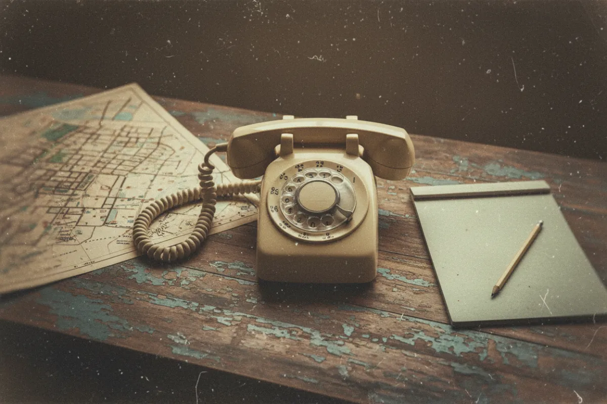 Grunge, retro-inspired image of a vintage rotary phone on a distressed wooden desk, with a faded city map and a notepad nearby. The 3:2 aspect ratio photo features visible grain, muted colors, and a nostalgic, artistic overlay. No people are present; the focus is on the objects and textures.