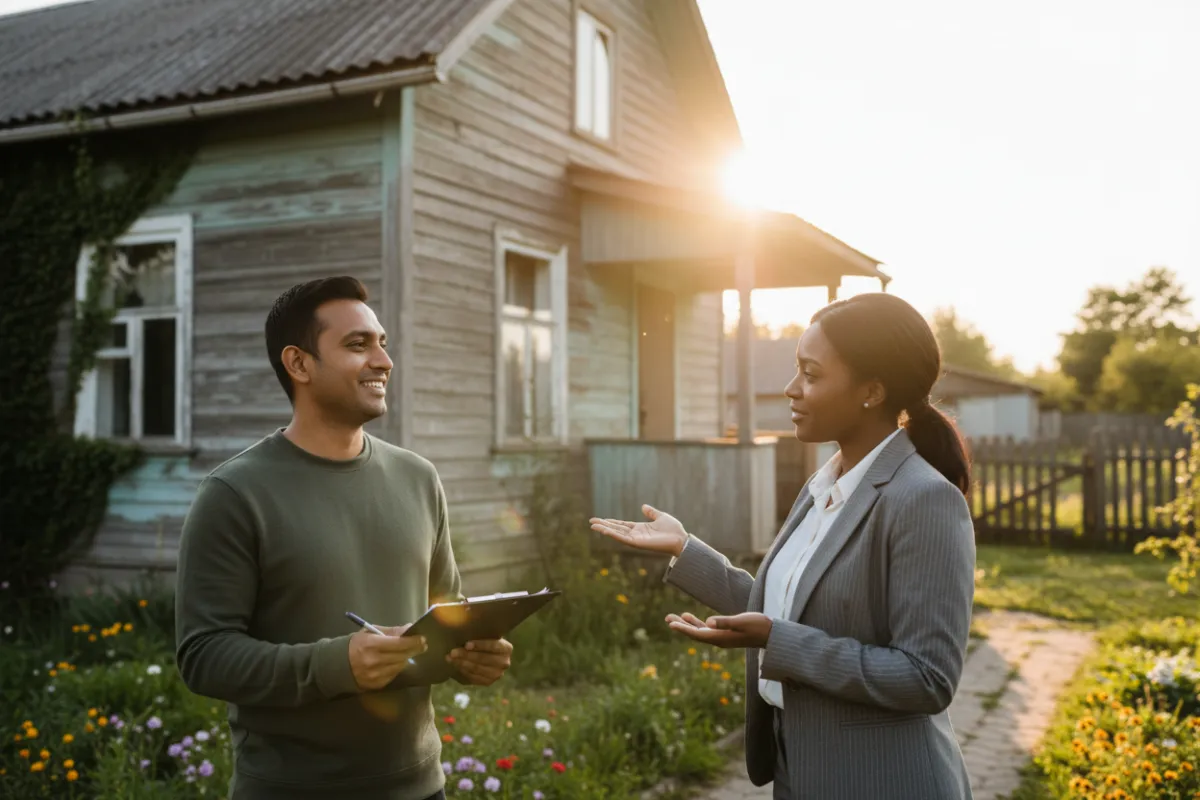 A diverse homeowner stands in front of a weathered house, holding a clipboard and smiling with relief as a professional consultant gestures supportively beside them. The background shows subtle signs of property distress, but the mood is optimistic and hopeful. Bright, natural lighting and a soft focus highlight the sense of new opportunity.