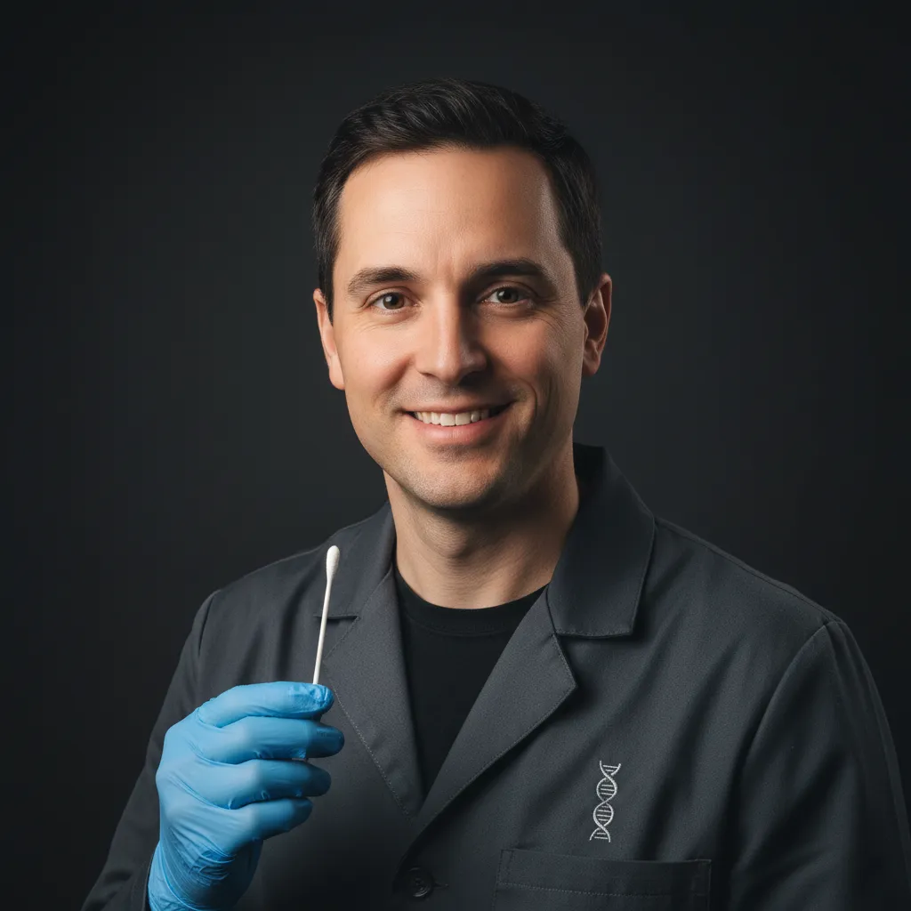 Headshot of male DNA collector, professional and friendly, neutral background