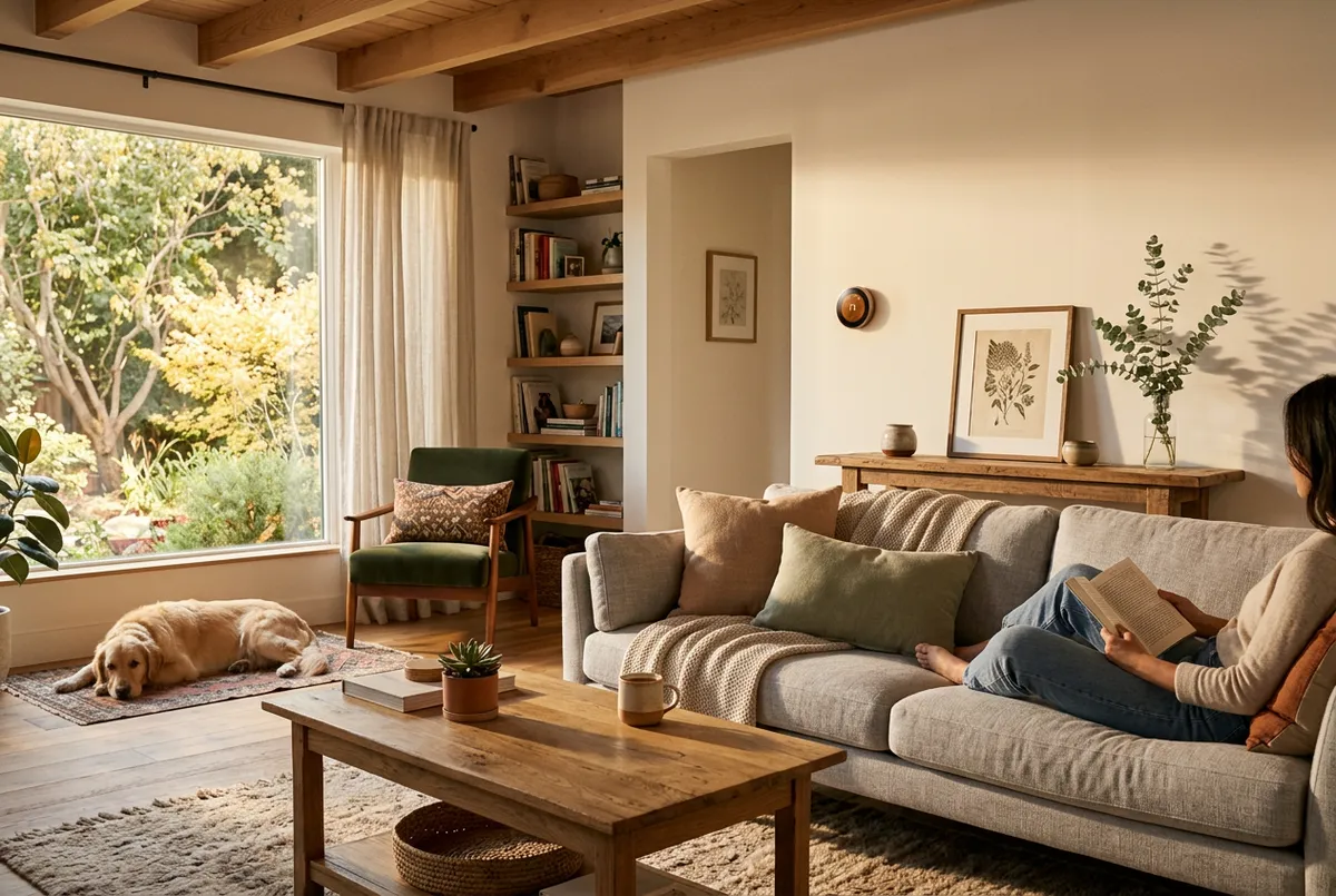 Warm naturally lit modern living room with warm climate and smart thermostat integration