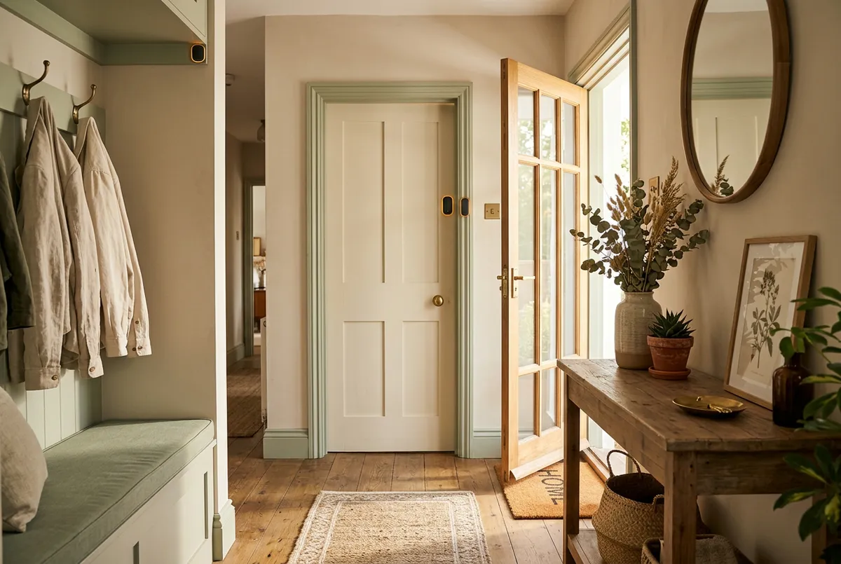 Sunlit front entryway showing discreet smart security sensors blending naturally with home decor