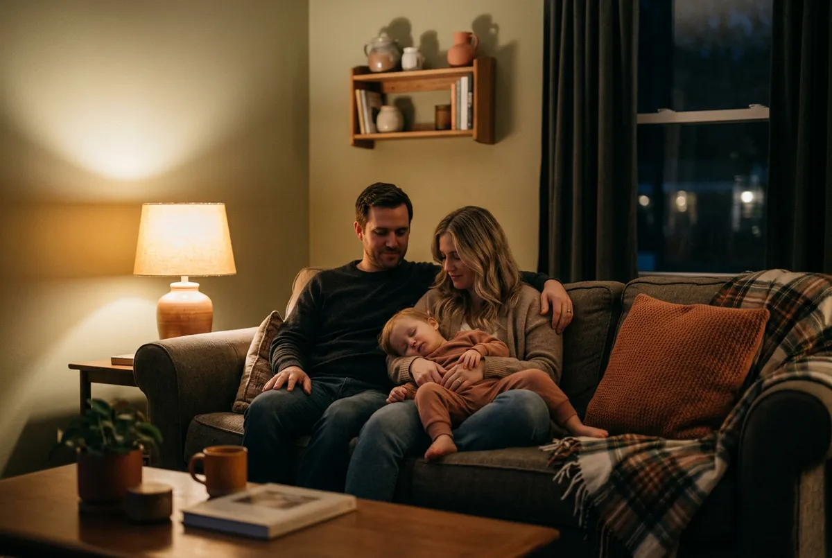 Family relaxing peacefully in comfortable living room protected by discreet AI security