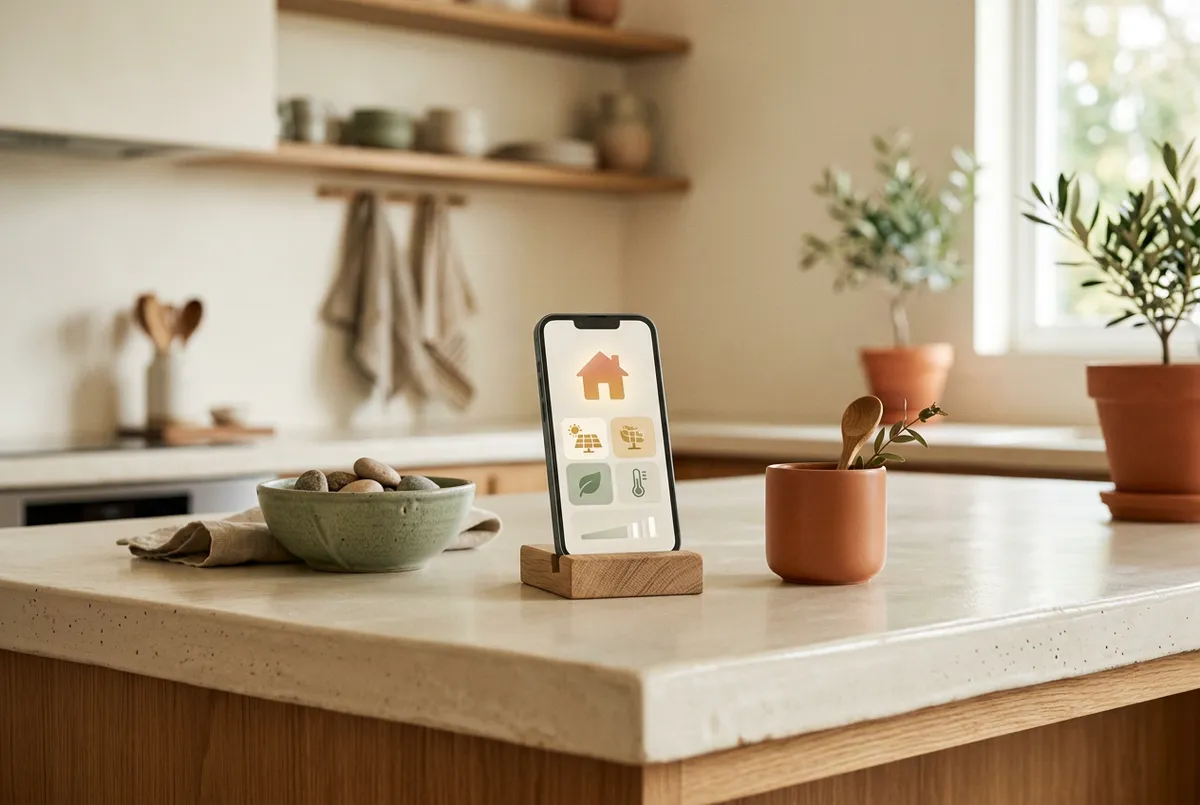 Minimal ceramic kitchen island with smartphone displaying clean, friendly home status dashboard