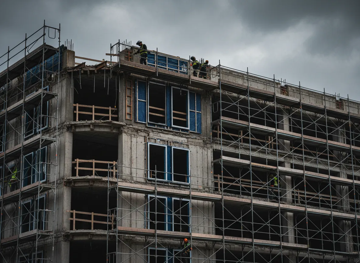 Cantiere complesso con serramenti in fase di posa