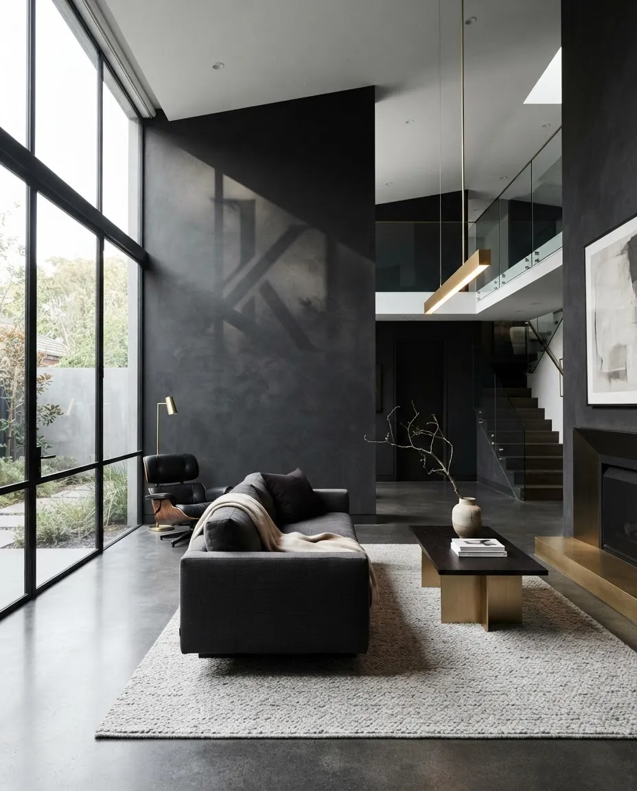 Modern luxury architectural property interior showcasing warm ambient light and refined materials
